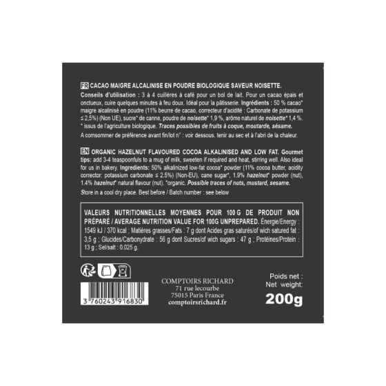Cacao en poudre aromatisé à la noisette Bio 200g - Comptoirs Richard