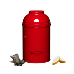 Boite métal laquée rouge garnie de gourmandises