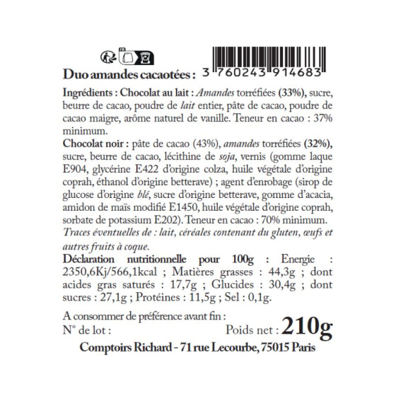 Sachet garni de duo d'amandes cacaotées 210g