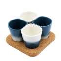 Coffret 4 gobelets à café en céramique bleu + support en liège