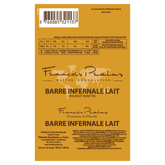 Achetez la barre infernale lait 160g de chez Pralus