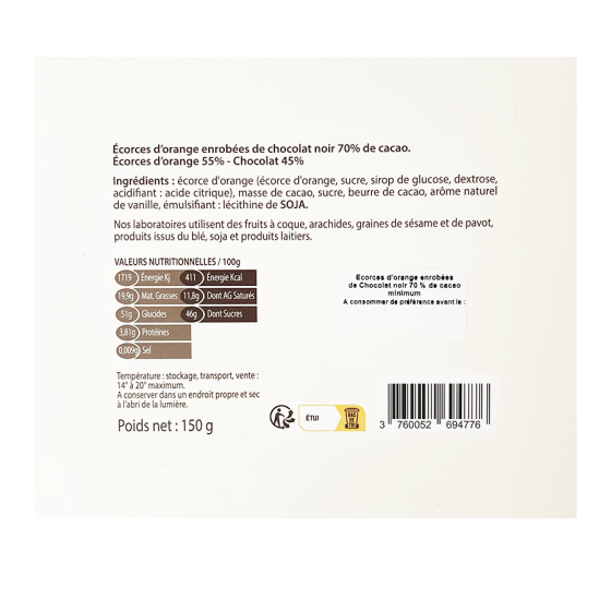 Étui garni d'orangettes enrobées de chocolat noir 150g